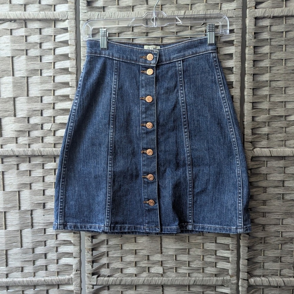 J. Crew Denim A-line Mini Skirt Blue Button Front High Rise Seamed Panels Sz 24